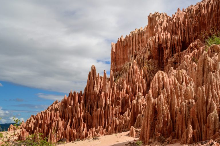 Falaises et pinacles de latérite ocre des Tsingy rouges, nord de Madagascar